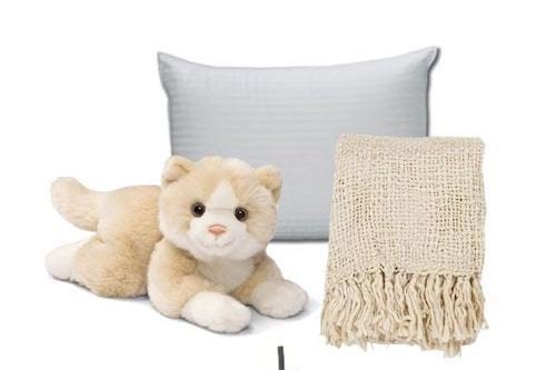 Coussins, peluches et couvertures rangés dans un grand sac pour le déménagement