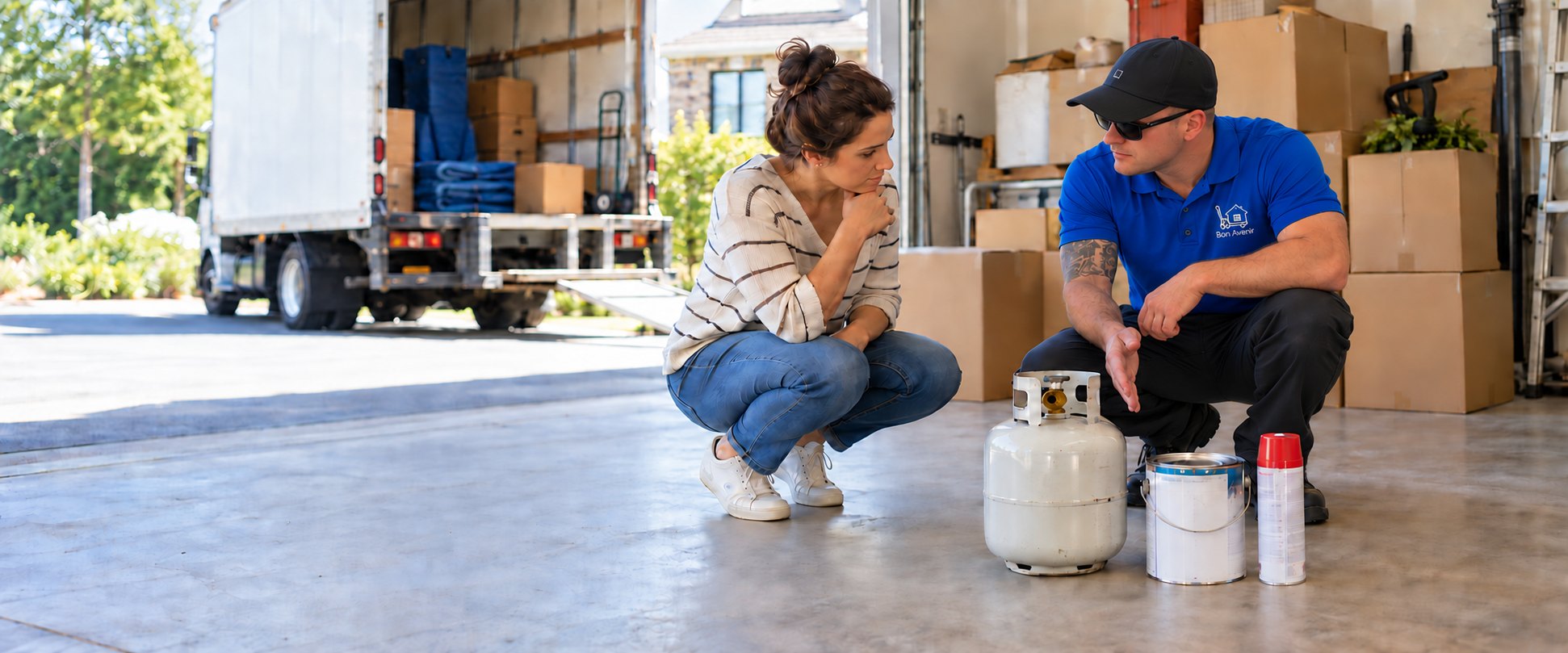 Déménageur Bon Avenir expliquant à une cliente les produits non transportés : bonbonne de propane, pot de peinture et aérosol