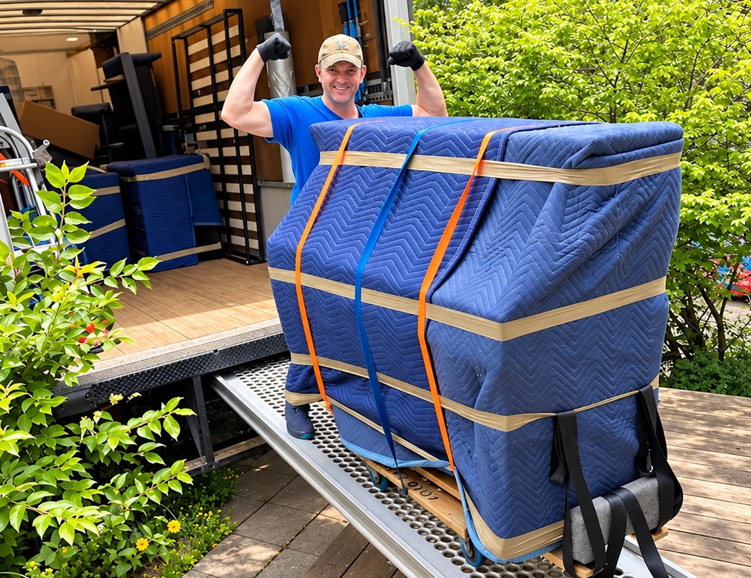 Déménageur de Déménagement Bon Avenir chargeant un piano emballé et sanglé sur la rampe du camion à Montréal
