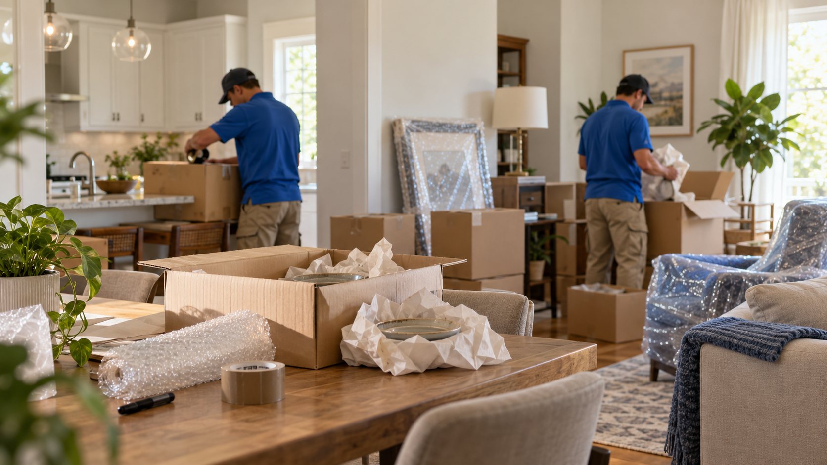 Deux déménageurs de Déménagement Bon Avenir emballant de la vaisselle et scellant des cartons dans une maison, papier bulle et meubles protégés