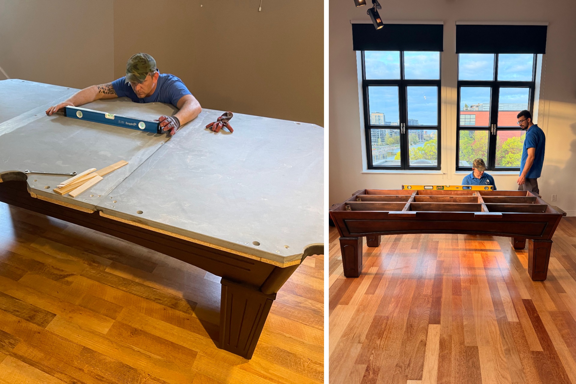 Technician levelling a pool table during reassembly, and the Déménagement Bon Avenir crew assembling a table frame