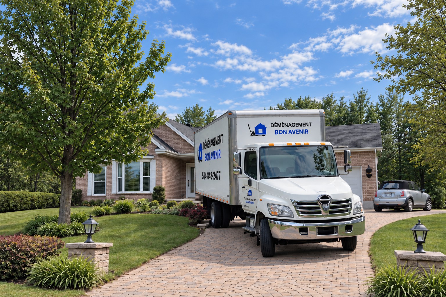 Camion de Déménagement Bon Avenir stationné dans l’entrée d’une maison en brique