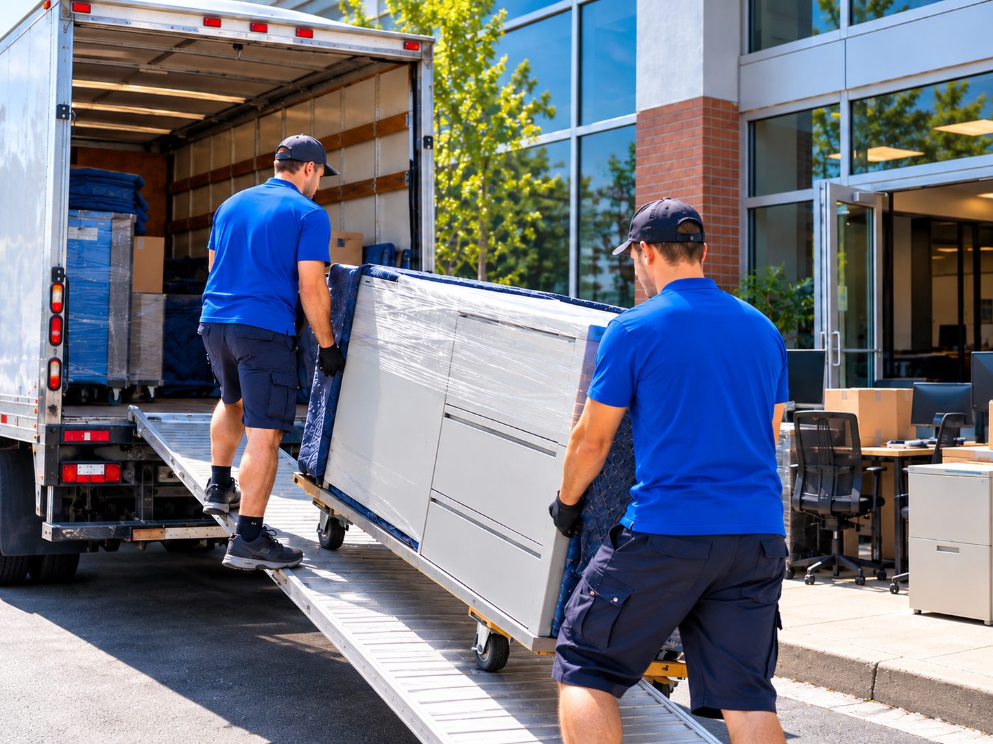 Déménageurs de Déménagement Bon Avenir chargeant du mobilier de bureau dans un camion lors d’un déménagement commercial