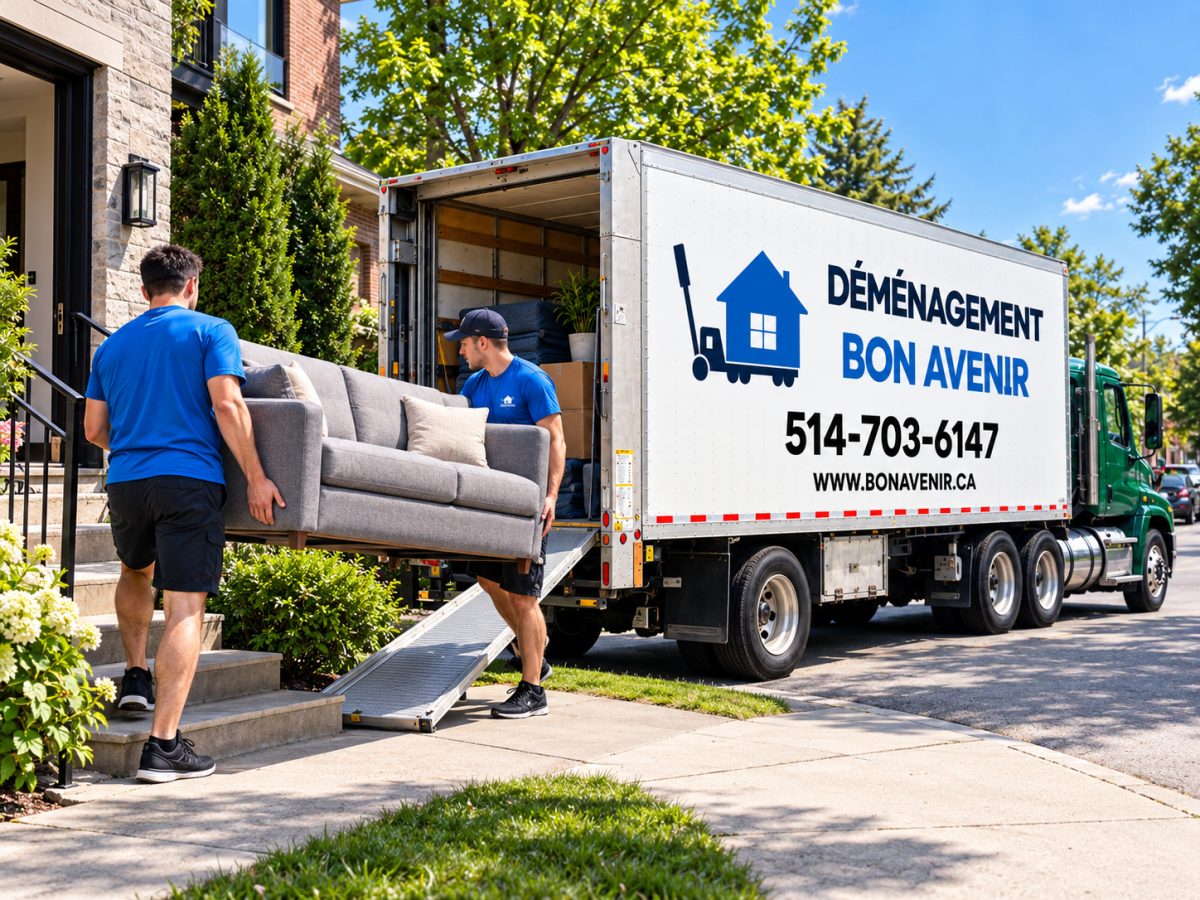 Deux déménageurs transportant un divan gris vers l’entrée d’une résidence