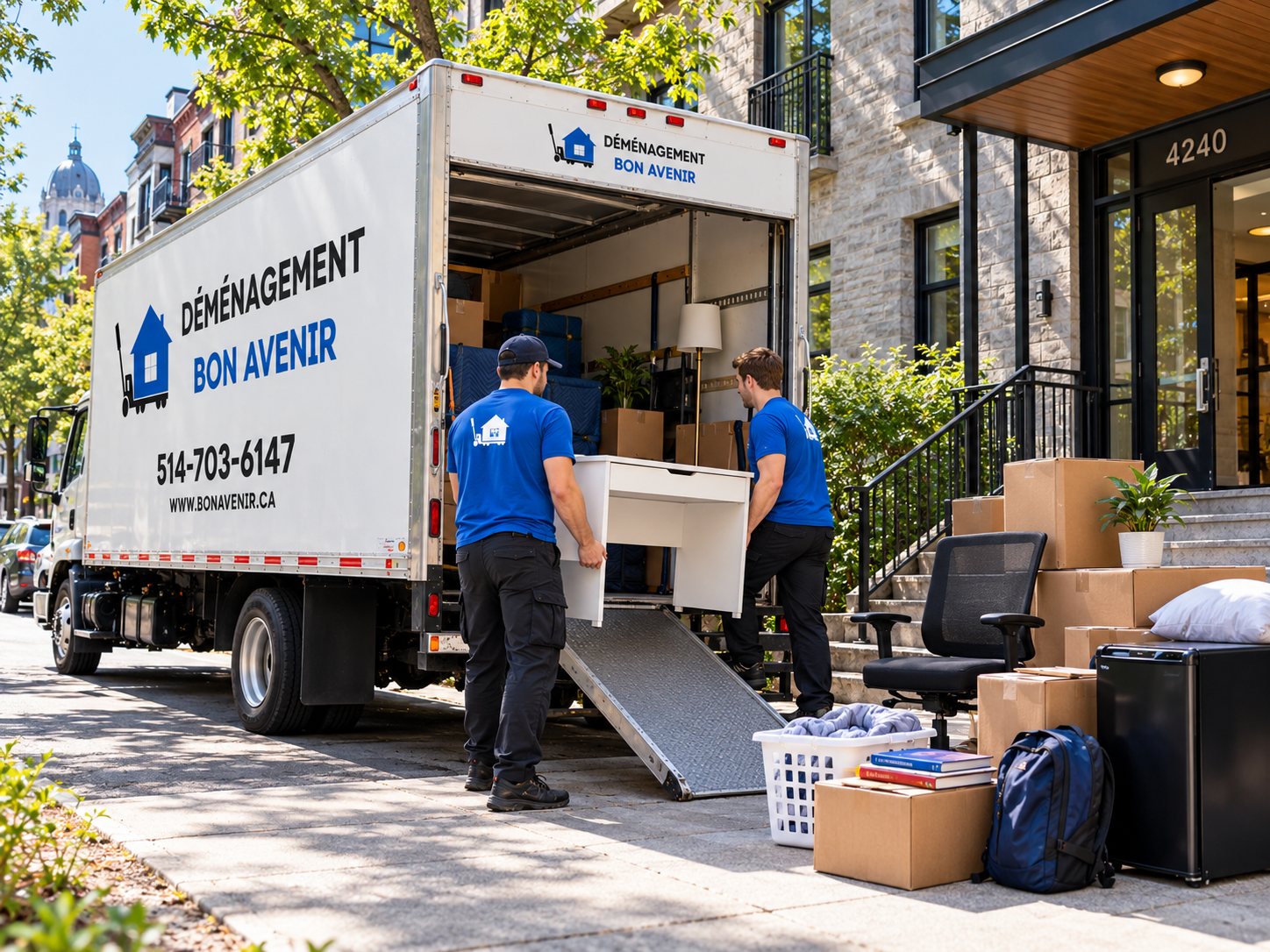 Deux déménageurs Bon Avenir chargeant un bureau, une chaise et des boîtes d’étudiant dans un camion