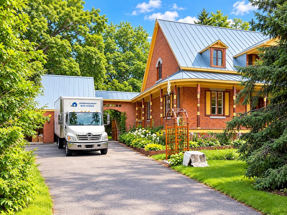 Camion de Déménagement Bon Avenir devant une maison patrimoniale en brique entourée d’arbres à Otterburn Park