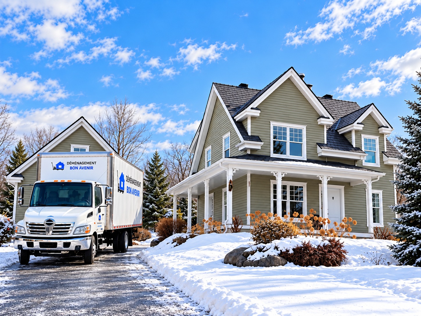 Camion de déménagement Bon Avenir devant une maison enneigée à Saint-Hyacinthe