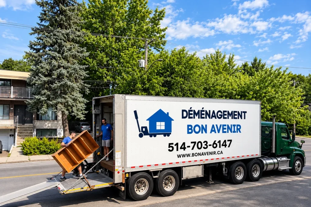 Déménageurs Bon Avenir chargeant un meuble par la rampe d’un camion semi-remorque pour un déménagement longue distance