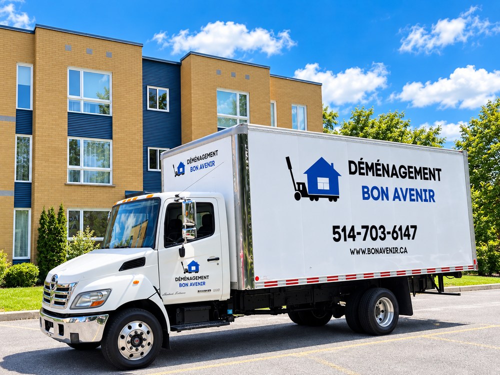 Camion de déménagement Bon Avenir devant un immeuble résidentiel récent à McMasterville
