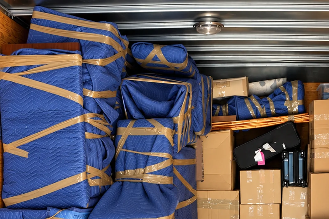 Meubles protégés par des couvertures et du ruban, rangés avec des boîtes dans un camion de déménagement